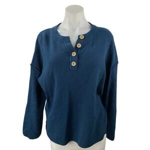 Lillusory Women's Blue Waffle Knit Button Long Sleeve Henley Sweater Top Size L